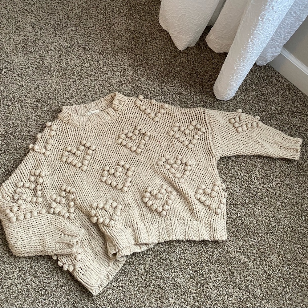 Cream Chunky Knit Heart Sweater Cozy Textured Pullover